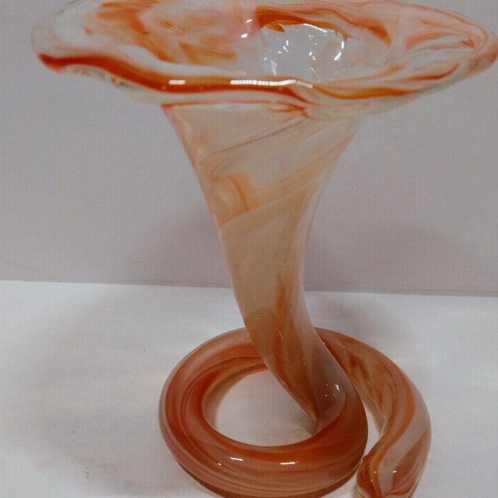 Vintage Orange, White & Clear Art Glass Tulip Trumpet Vase Swirl Coiled Base